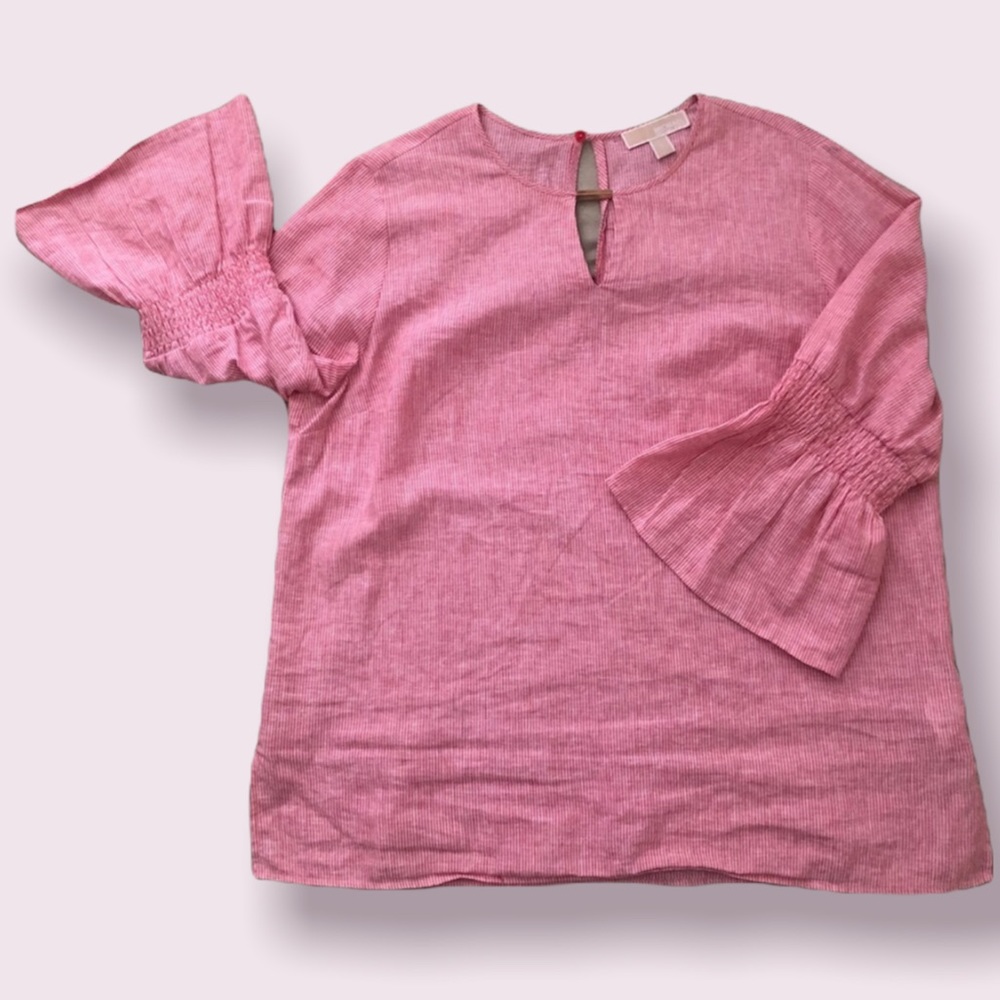 Tunic Style MK Linen Blouse with gold neck embellishment